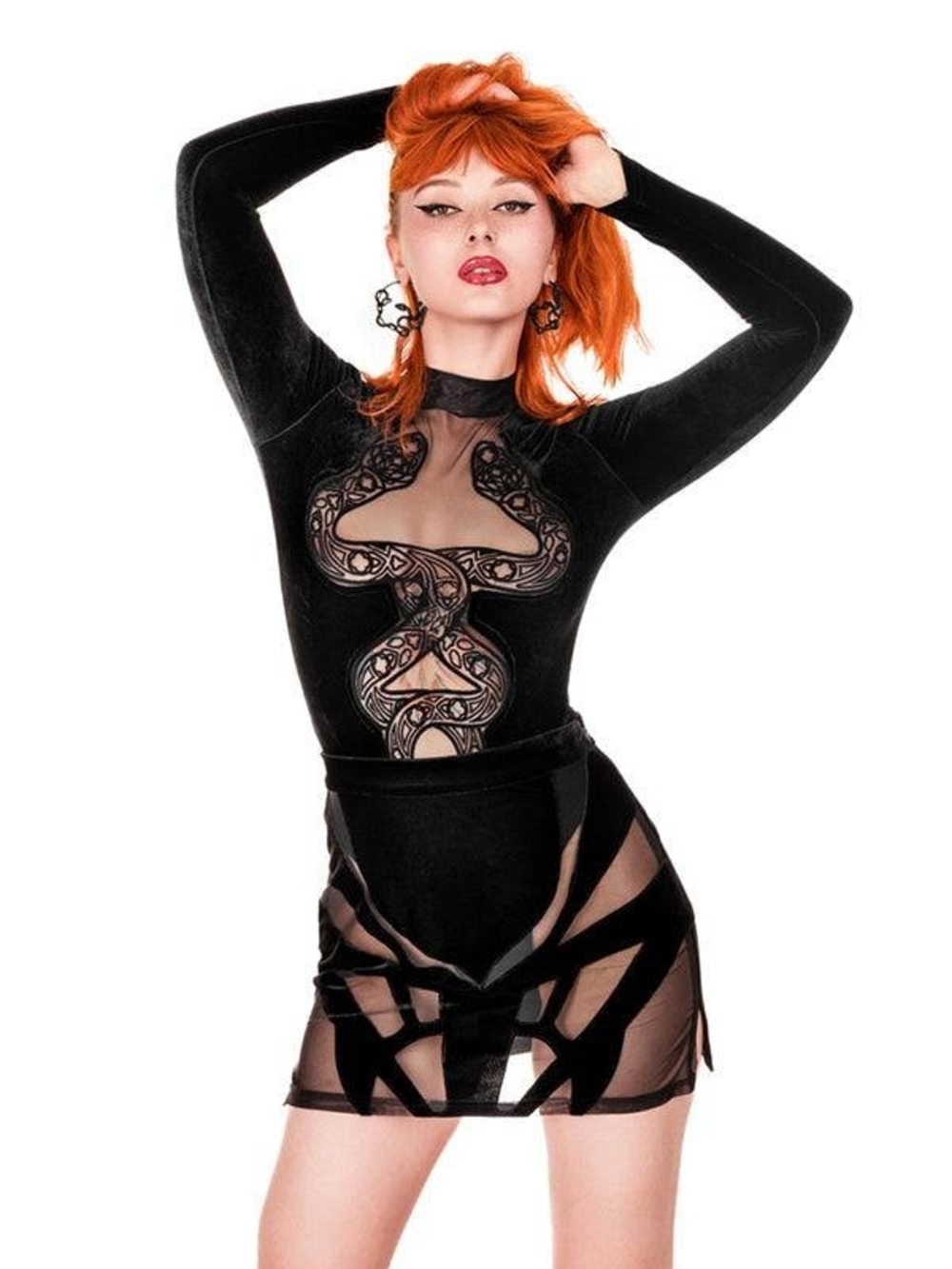 Black Long-Sleeve Mesh Inset Velvet Bodysuit